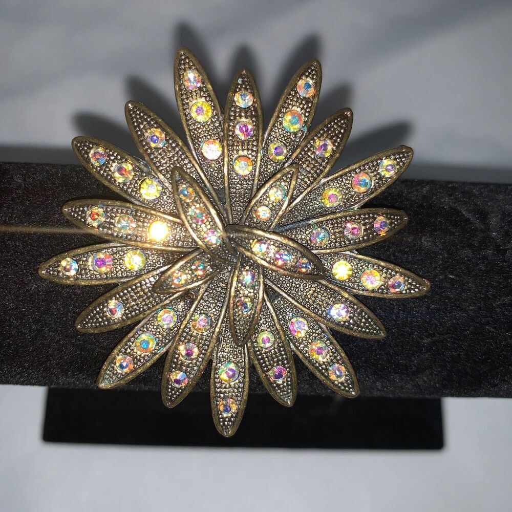 Vintage Sea Urchin Brooch N1,1980's Gold Iridescence Color Rhinestone Brooch - Picture 10 of 13